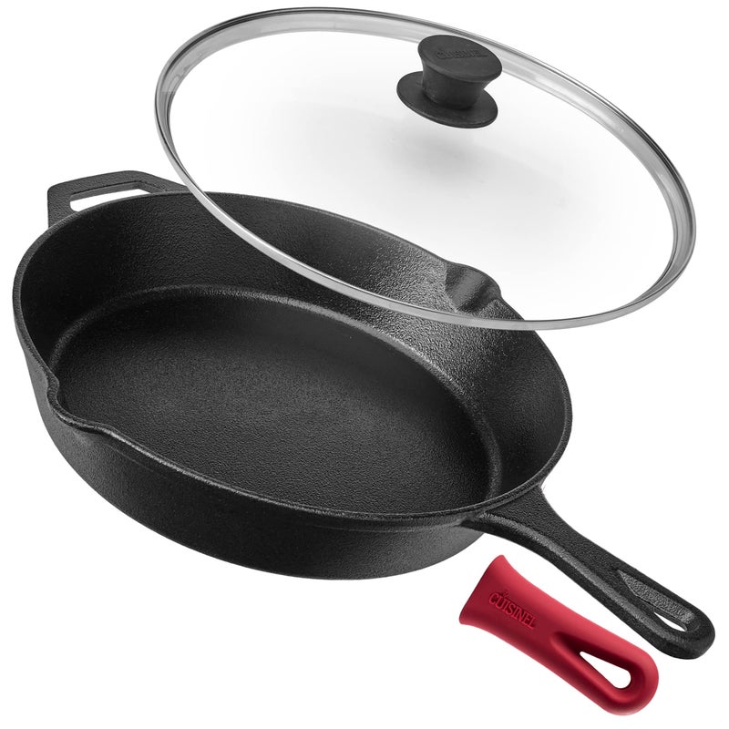 Cuisinel Cast Iron Skillet with Lid  12Inch Frying Pan  Glass Cover  Silicone Handle Holder  PreSeasoned Oven Safe Cookware  IndoorOutdoor Use  Grill BBQ Fire Stovetop Induction
