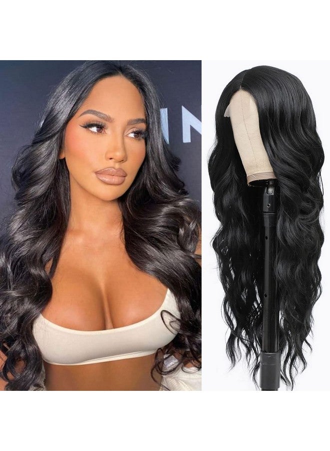 CLIONE Long Black Wavy Wigs for Women Middle Part Black Wavy Lace Front Wig Synthetic Hair Natural Looking Long Black Wig for Daily Party Use 26 Inch - Image 1
