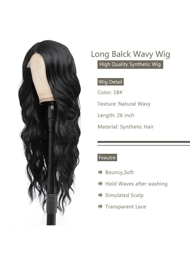 CLIONE Long Black Wavy Wigs for Women Middle Part Black Wavy Lace Front Wig Synthetic Hair Natural Looking Long Black Wig for Daily Party Use 26 Inch - Image 3
