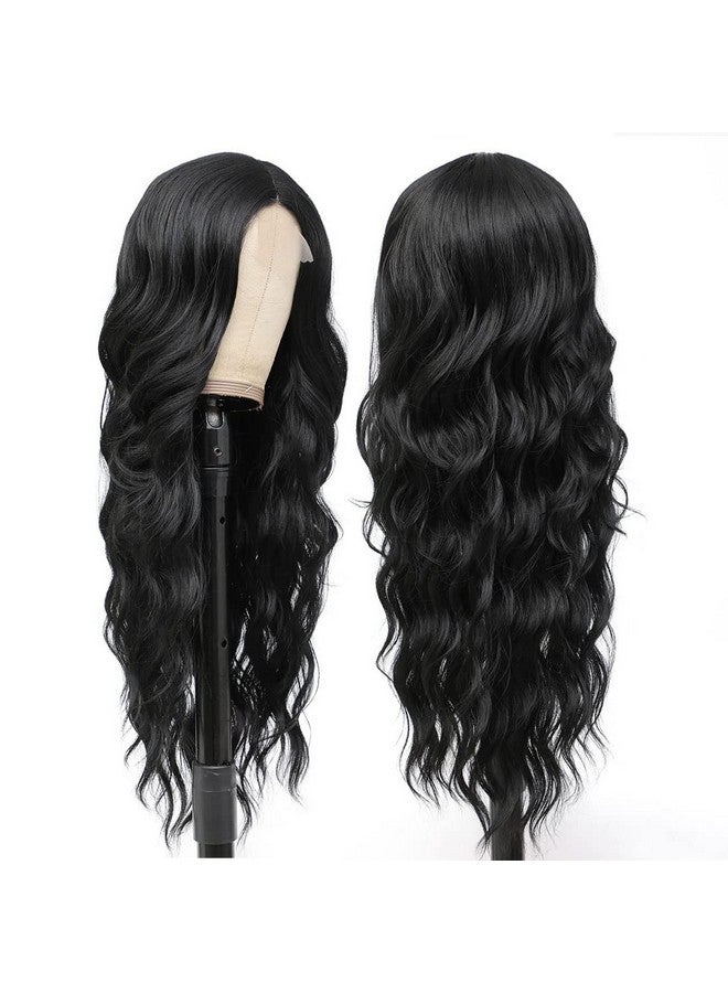 CLIONE Long Black Wavy Wigs for Women Middle Part Black Wavy Lace Front Wig Synthetic Hair Natural Looking Long Black Wig for Daily Party Use 26 Inch - Image 2
