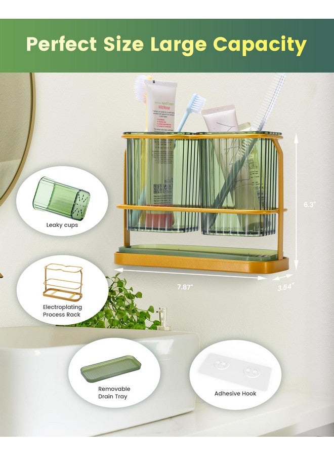 KONE Green Toothbrush Holders for Bathrooms, 2 Cups Toothbrush Holders Wall Mounted, Dry & Wet Separation, Bathroom Organizers and Storage, Bathroom Toothbrush Holder Set for Family Kids - Image 2
