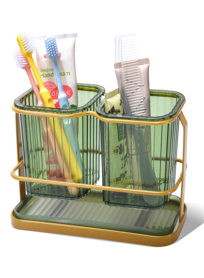 KONE Green Toothbrush Holders for Bathrooms, 2 Cups Toothbrush Holders Wall Mounted, Dry & Wet Separation, Bathroom Organizers and Storage, Bathroom Toothbrush Holder Set for Family Kids - Image 1