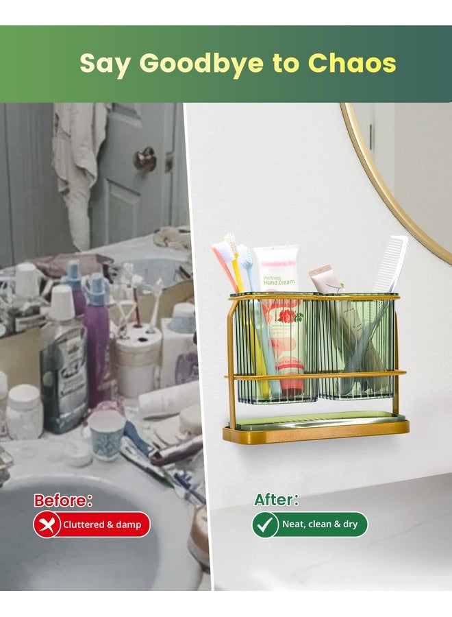 KONE Green Toothbrush Holders for Bathrooms, 2 Cups Toothbrush Holders Wall Mounted, Dry & Wet Separation, Bathroom Organizers and Storage, Bathroom Toothbrush Holder Set for Family Kids - Image 5