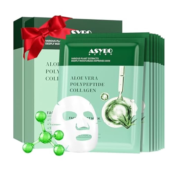 ASYBO Pack of 20 Collagen Face Mask, Aloe Vera Polypeptide Collagen Facial Masks Skincare, Moisturizing Facial Sheet Mask for Acne, After Sun, Claming, Anti-Aging and Anti-Wrinkle - Image 1
