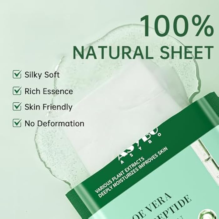 ASYBO Pack of 20 Collagen Face Mask, Aloe Vera Polypeptide Collagen Facial Masks Skincare, Moisturizing Facial Sheet Mask for Acne, After Sun, Claming, Anti-Aging and Anti-Wrinkle - Image 2