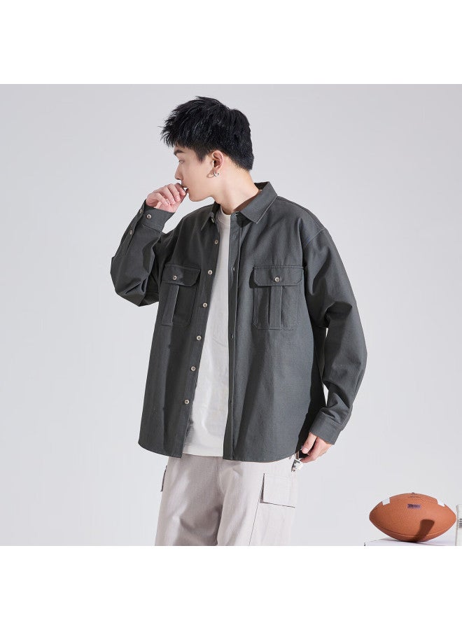 Tonlion Long Sleeve Work Shirt Men Casual Loose Fit Shirt Gray M - Image 1