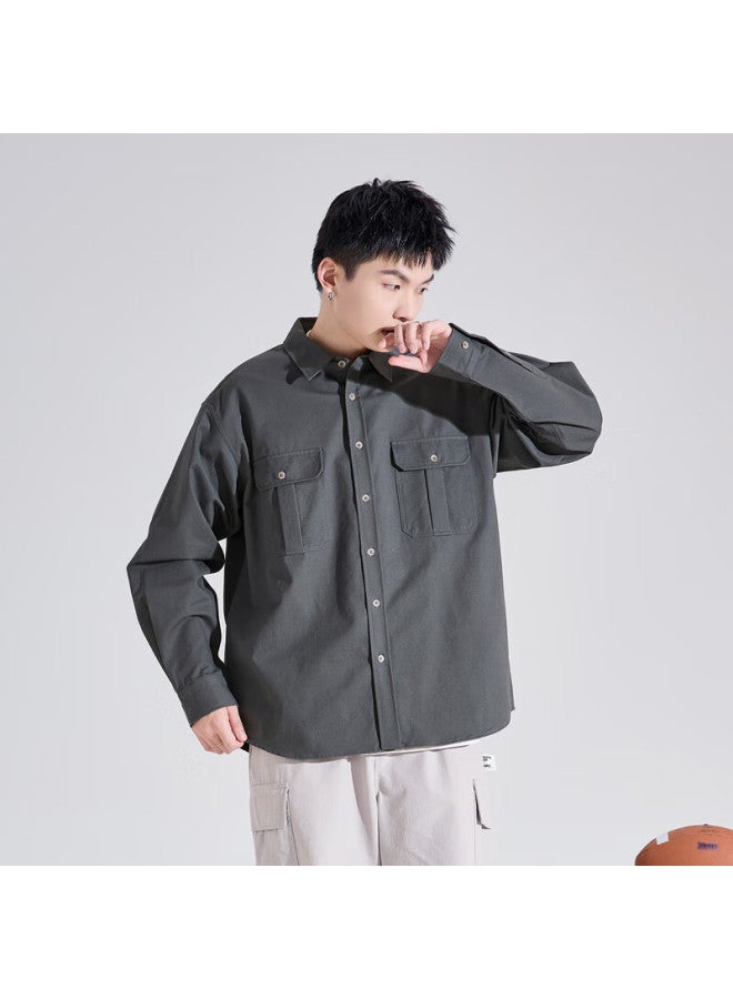 Tonlion Long Sleeve Work Shirt Men Casual Loose Fit Shirt Gray M - Image 3