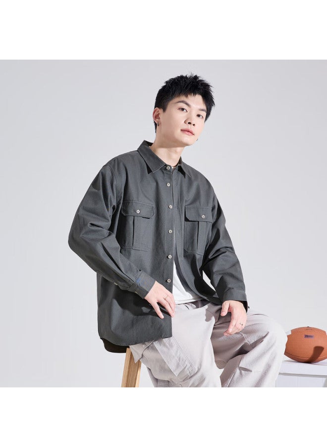 Tonlion Long Sleeve Work Shirt Men Casual Loose Fit Shirt Gray M - Image 2