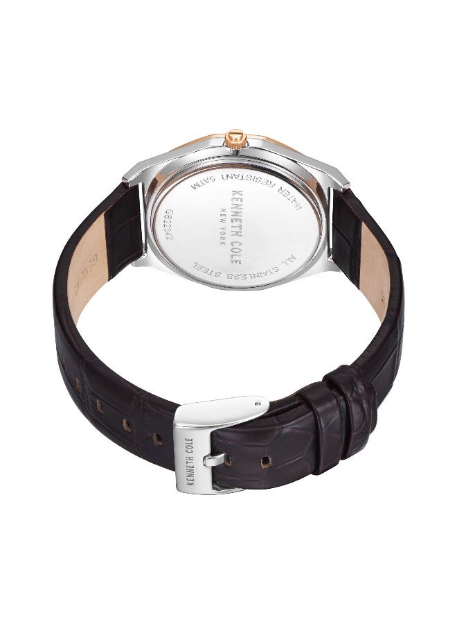 Kenneth Cole New York ساعة أنالوج للرجال بقرص فضي حديث كلاسيكي بحزام جلد بني - 41 مم - Image 3