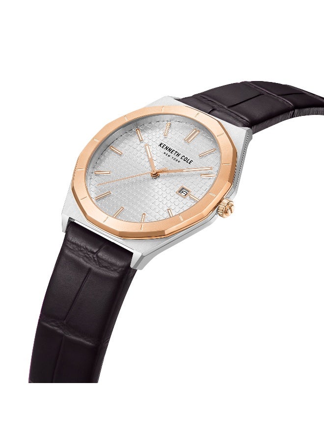 Kenneth Cole New York ساعة أنالوج للرجال بقرص فضي حديث كلاسيكي بحزام جلد بني - 41 مم - Image 2