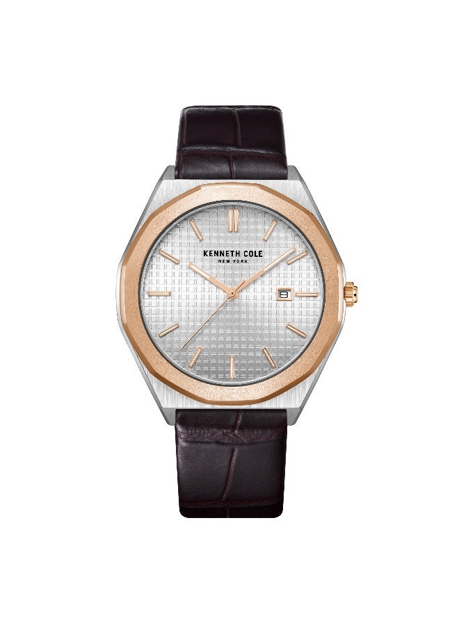 Kenneth Cole New York ساعة أنالوج للرجال بقرص فضي حديث كلاسيكي بحزام جلد بني - 41 مم - Image 1