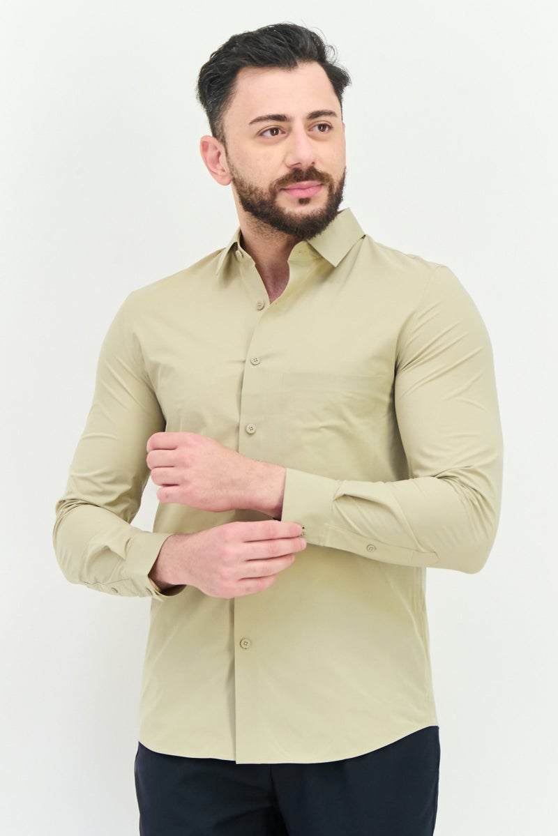 SELECTED Men Regular Fit Plain Long Sleeves Casual Shirt, Khaki  - Image 1