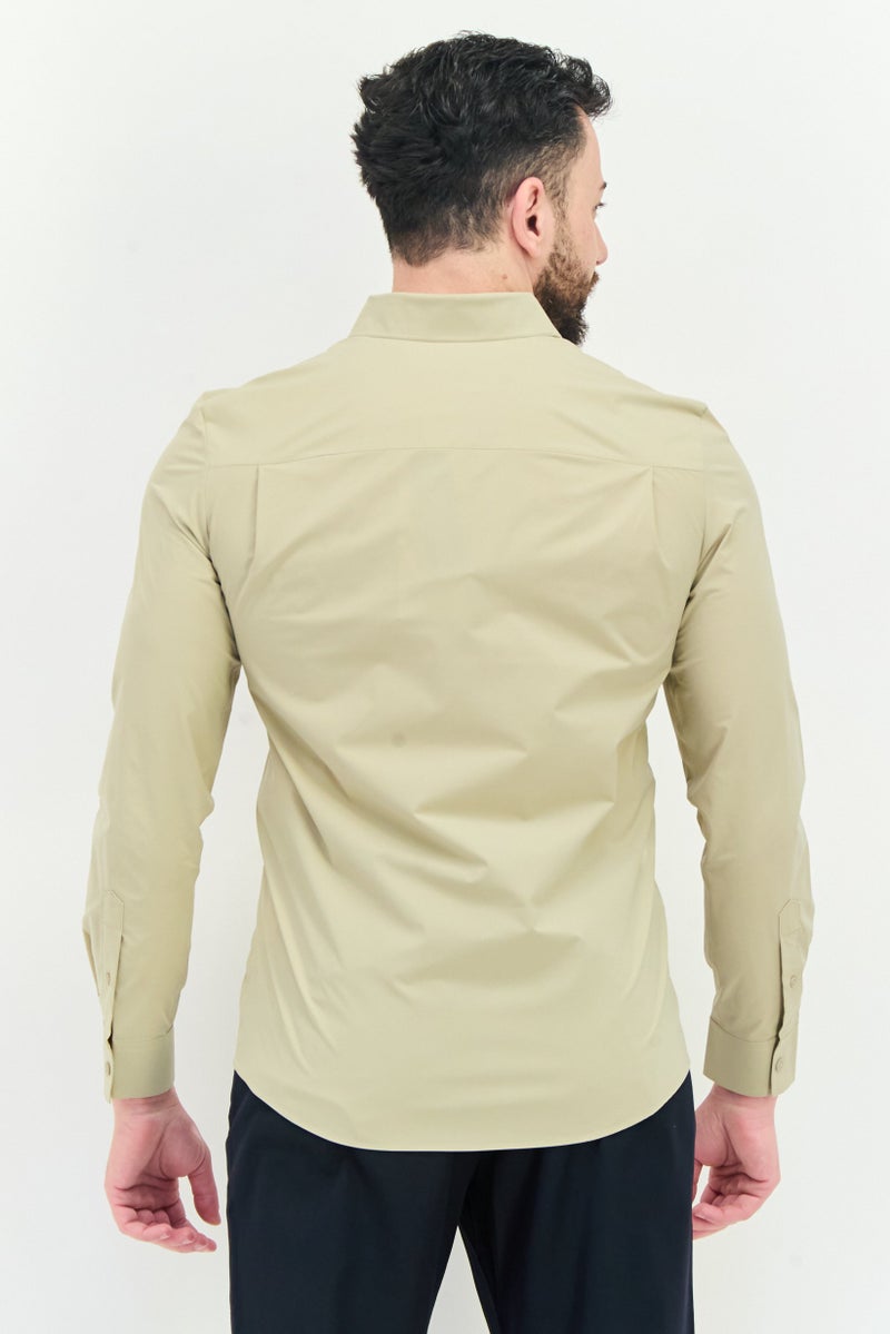 SELECTED Men Regular Fit Plain Long Sleeves Casual Shirt, Khaki  - Image 3