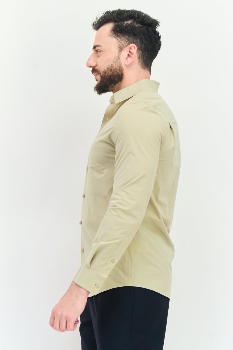 SELECTED Men Regular Fit Plain Long Sleeves Casual Shirt, Khaki  - Image 4