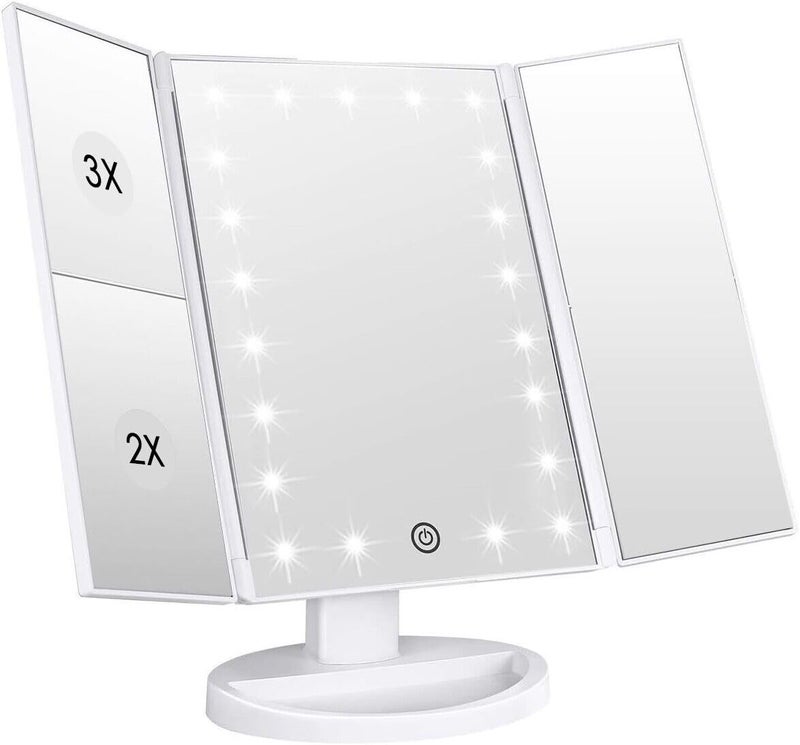 WEILY Makeup Vanity Mirror with 21 LED Lights and Touch Screen TriFold 1x 2X 3X Magnification180 Adjustable Rotation and USB PoweredCountertop Cosmetic Mirror White