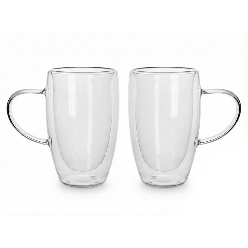 كويزين أرت طقم أكواب زجاجية مزدوجة الجدار من زجاج البوروسيليكات من كويزين آرت، سعة 450 مل، مع مقبض | أكواب شاي وقهوة شفافة مقاومة للحرارة | زجاج معزول وآمن للاستخدام في الميكروويف وغسالة الصحون - Image 1