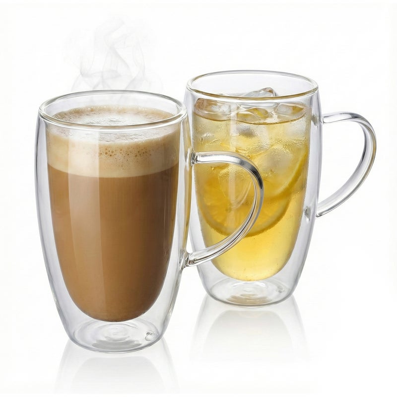 كويزين أرت طقم أكواب زجاجية مزدوجة الجدار من زجاج البوروسيليكات من كويزين آرت، سعة 450 مل، مع مقبض | أكواب شاي وقهوة شفافة مقاومة للحرارة | زجاج معزول وآمن للاستخدام في الميكروويف وغسالة الصحون - Image 2