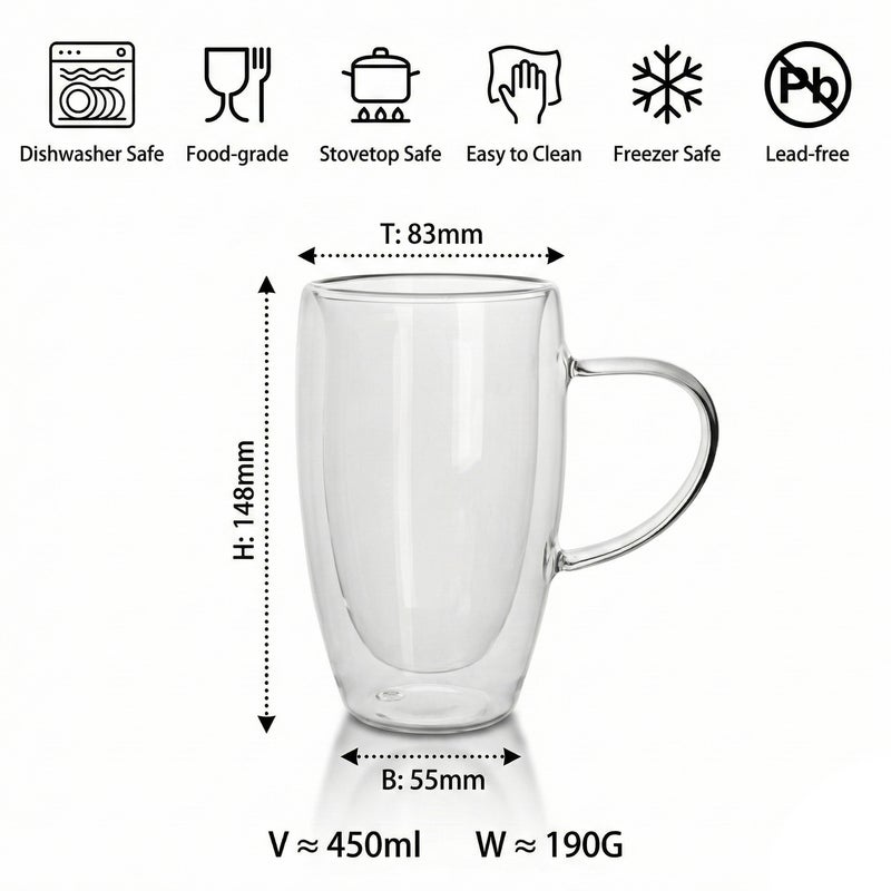 كويزين أرت طقم أكواب زجاجية مزدوجة الجدار من زجاج البوروسيليكات من كويزين آرت، سعة 450 مل، مع مقبض | أكواب شاي وقهوة شفافة مقاومة للحرارة | زجاج معزول وآمن للاستخدام في الميكروويف وغسالة الصحون - Image 5