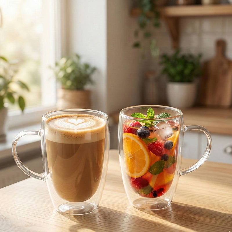 كويزين أرت طقم أكواب زجاجية مزدوجة الجدار من زجاج البوروسيليكات من كويزين آرت، سعة 450 مل، مع مقبض | أكواب شاي وقهوة شفافة مقاومة للحرارة | زجاج معزول وآمن للاستخدام في الميكروويف وغسالة الصحون - Image 3