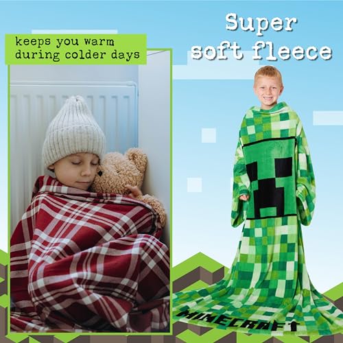 Minecraft Wearable Blanket for Kids and Teenagers - One Size Kids Blanket with Sleeves Cosy Lounge Wear Gifts for Boys, (Green) - Image 5