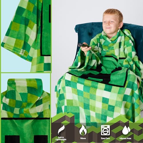 Minecraft Wearable Blanket for Kids and Teenagers - One Size Kids Blanket with Sleeves Cosy Lounge Wear Gifts for Boys, (Green) - Image 3