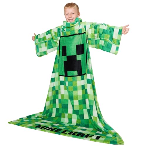 Minecraft Wearable Blanket for Kids and Teenagers - One Size Kids Blanket with Sleeves Cosy Lounge Wear Gifts for Boys, (Green) - Image 1