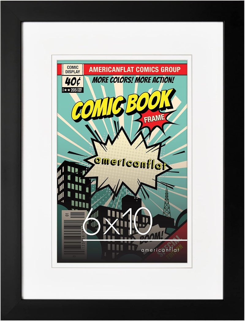 Americanflat Americanflat 12x155 Comic Book Frame with Polished Plexiglass  Use as 6x10 Picture Frame with Mat or 12x155 Frame Without Mat  Engineered Wood Frame with Hanging Hardware Wall Display  Black  - Image 1