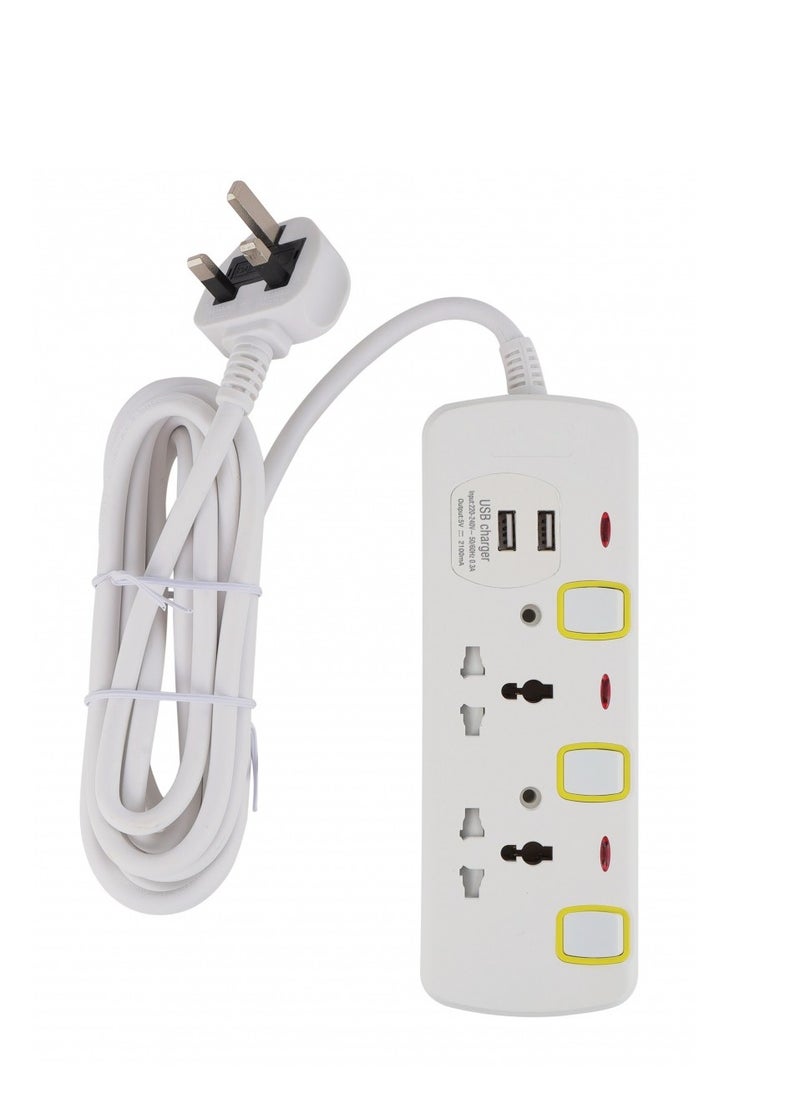 Zcom Extension cord,3 meter , 3 sockets and separate switch with two usb port  - Image 1