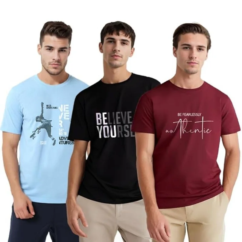 نوبيرو Men's Graphic Printed Cotton T-Shirt Pack of 3
