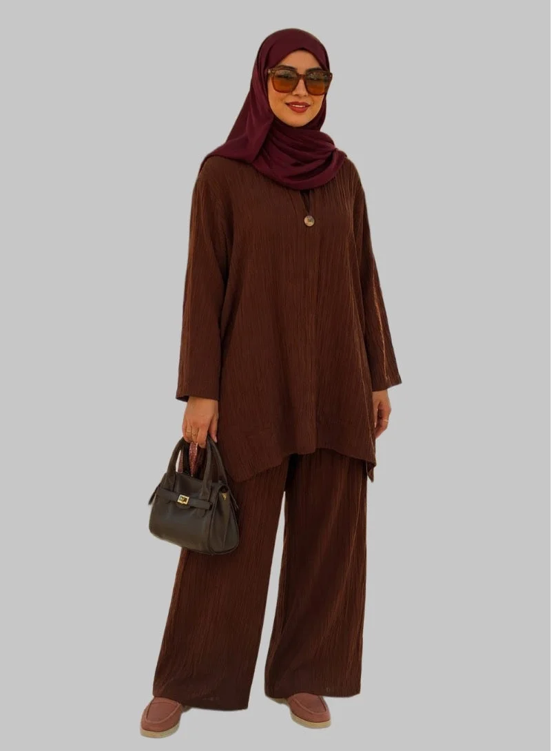 Bond Brown Cotton Crush Long Top & Elastic Waist Pants Co-Ord Set