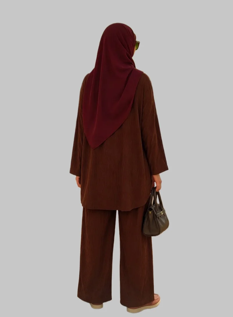 Bond Brown Cotton Crush Long Top & Elastic Waist Pants Co-Ord Set