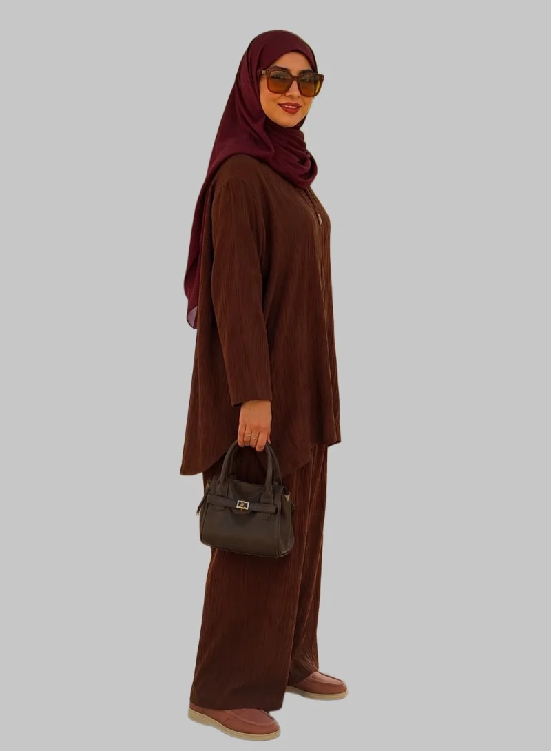 Bond Brown Brown Cotton Crush Long Top & Elastic Waist Pants Co-Ord Set for Women | Best Price UAE