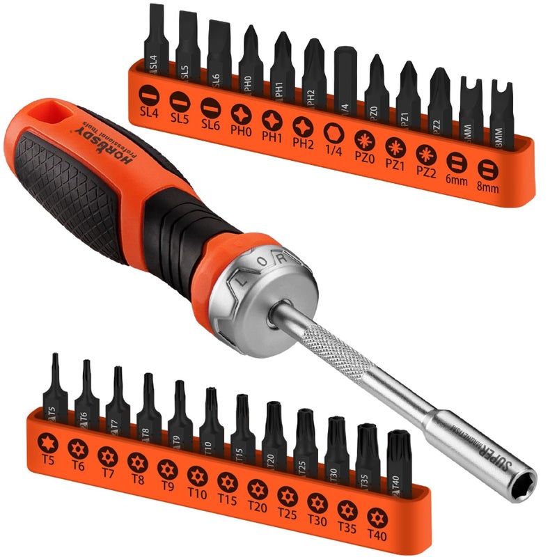 HORUSDY 25-Piece Security Torx Screwdriver Bit Set | T5-T40 Torx Bit Set 1/4 inch Ratcheting Magnetic Bit Driver | 12Pcs T-Drive Bits and 12Pcs Common Bit - Image 1