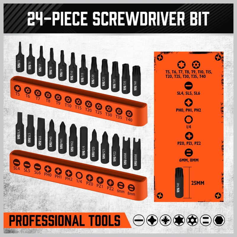 HORUSDY 25-Piece Security Torx Screwdriver Bit Set | T5-T40 Torx Bit Set 1/4 inch Ratcheting Magnetic Bit Driver | 12Pcs T-Drive Bits and 12Pcs Common Bit - Image 4