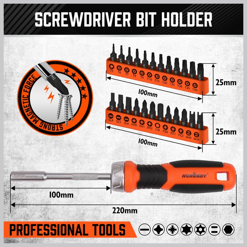 HORUSDY 25-Piece Security Torx Screwdriver Bit Set | T5-T40 Torx Bit Set 1/4 inch Ratcheting Magnetic Bit Driver | 12Pcs T-Drive Bits and 12Pcs Common Bit - Image 3