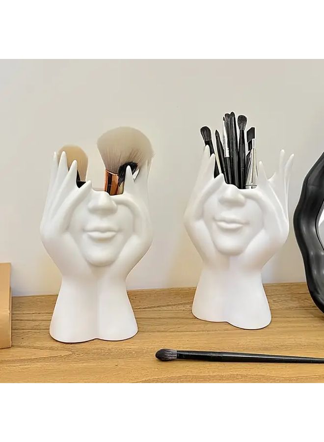 ١ قطعة حامل فرش المكياج من PVC الأبيض، بتصميم وجه إبداعي، محمول، خالٍ من الروائح، سطح ناعم، مضاد للحساسية، منظم للمكياج للفرش ومستحضرات التجميل. - Image 5