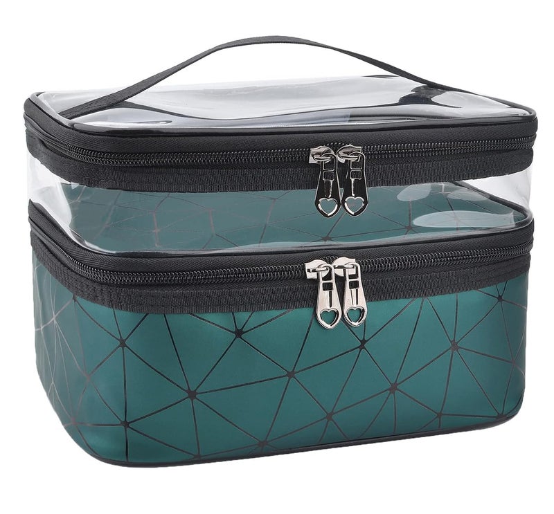 NETXE Make up Organiser for Women Double Layer 16 Cms Cosmetic Bag Organizer Makeup Pouch for Women Travel Cosmetics Case Toiletry Bags for Girls Dark Green - Image 1