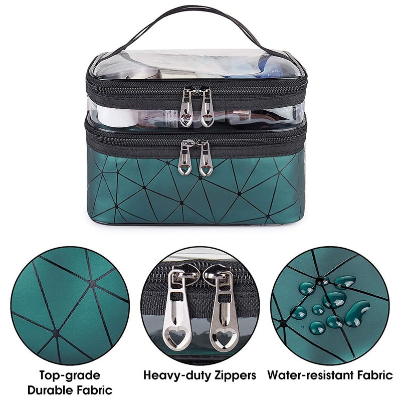 NETXE Make up Organiser for Women Double Layer 16 Cms Cosmetic Bag Organizer Makeup Pouch for Women Travel Cosmetics Case Toiletry Bags for Girls Dark Green - Image 3