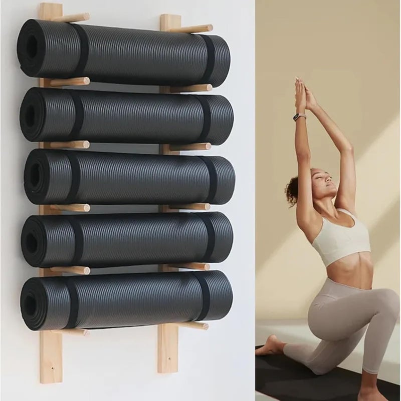 KDOQ Wooden Yoga Mat Holder Wall Mount, Wall Rack Organizer for Foam Roller Wooden Wall Hanging Fitness Organizer for Home Gym School Office - Image 1