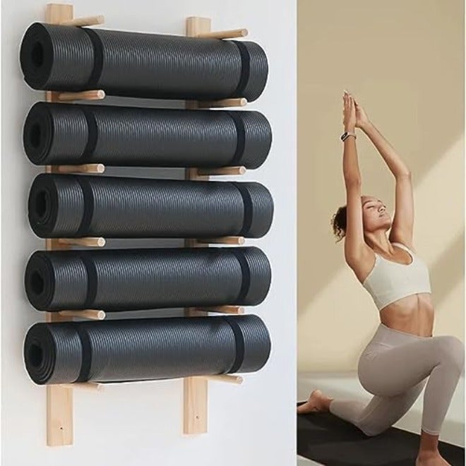 KDOQ Wooden Yoga Mat Holder Wall Mount, Wall Rack Organizer for Foam Roller Wooden Wall Hanging Fitness Organizer for Home Gym School Office - Image 3