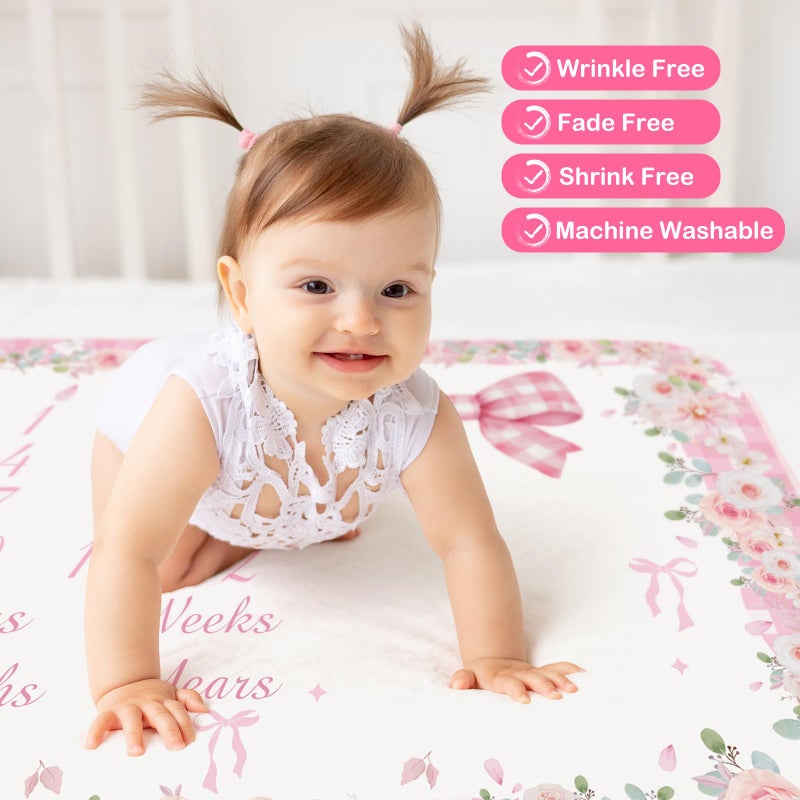 Chumia Baby Monthly Milestone Blanket for Baby Girl 59"x39" Floral Photo Prop Age Milestone Blanket with 2 Felt Floral Wreath Frame (Pink,Bow) - Image 3