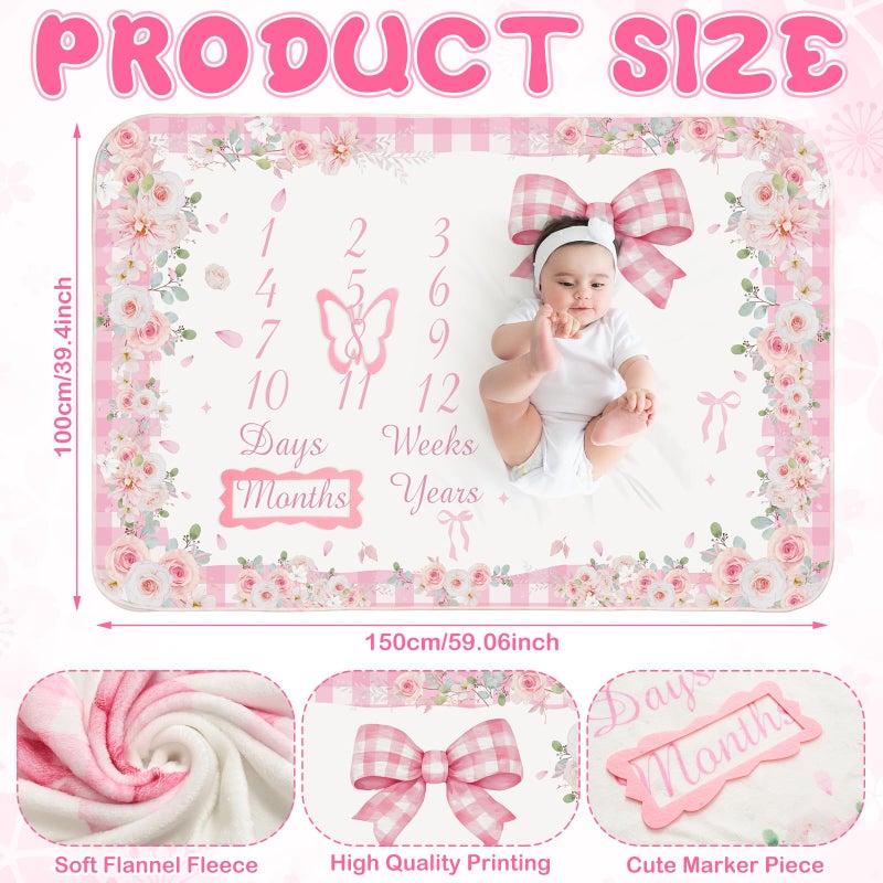 Chumia Baby Monthly Milestone Blanket for Baby Girl 59"x39" Floral Photo Prop Age Milestone Blanket with 2 Felt Floral Wreath Frame (Pink,Bow) - Image 2