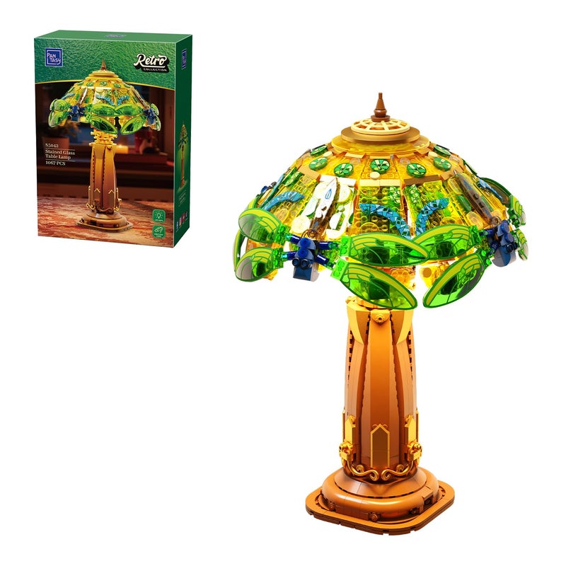 PANTASY Vintage Style Table Lamp Bricks Set Stained Glass Lamp Building Block Set Dragonfly Floral Table Lamp Retro Art Desk Night Light with LED USBC Powered for Adult Home Decor Collection Gift - Image 3