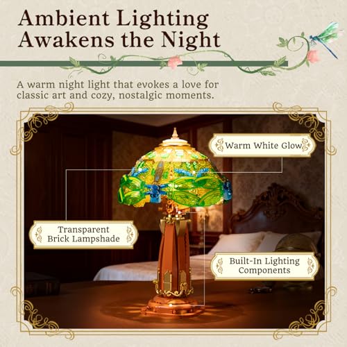 PANTASY Vintage Style Table Lamp Bricks Set Stained Glass Lamp Building Block Set Dragonfly Floral Table Lamp Retro Art Desk Night Light with LED USBC Powered for Adult Home Decor Collection Gift - Image 5