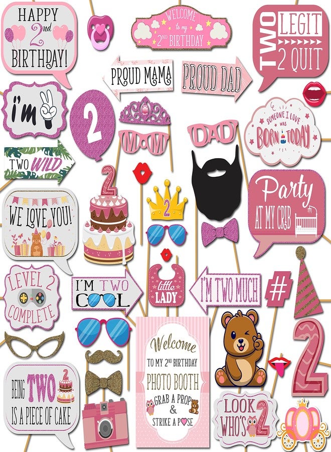 Outside The Booth 2nd Birthday Girl Photo Booth Props - 41-pc Photobooth Kit with 8 x 10-Inch Sign, 60 Adhesive Pads, 45 Sticks - 2nd Birthday Decorations for Girls - Image 1