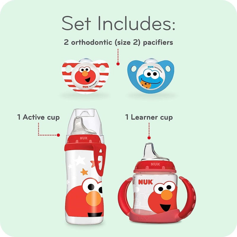 NUK Sesame Street Transition Bundle with Active Cup, Learner Cup, and Pacifiers - 4 Piece Set - Image 2