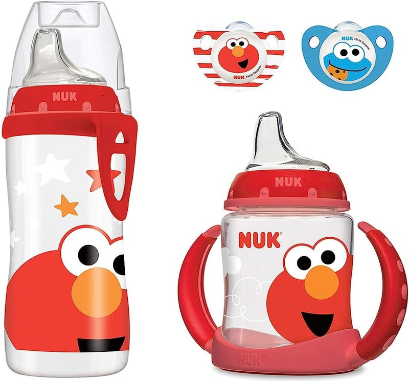 NUK Sesame Street Transition Bundle with Active Cup, Learner Cup, and Pacifiers - 4 Piece Set - Image 1