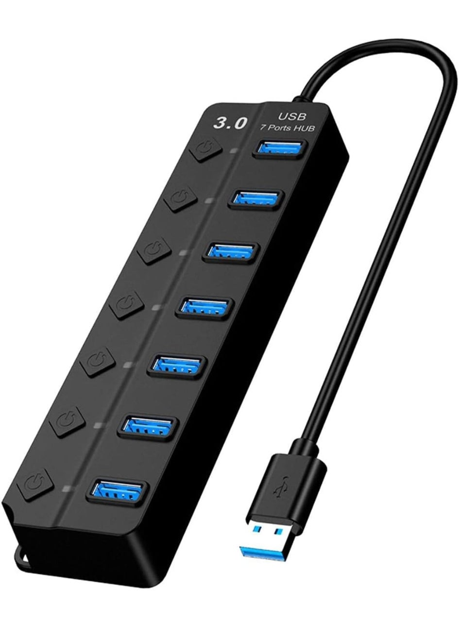 VIUAUAX 7-Port USB 3.0 Hub with Individual Power Switches and Lights, High-Speed Data Hub Splitter Portable USB Extension Hub for PC Laptop and More (No Power Adapter)