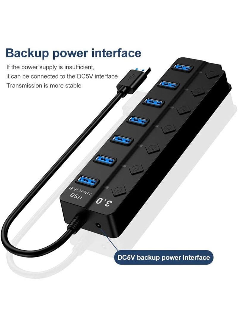 7-Port USB 3.0 Hub with Individual Power Switches and Lights, High-Speed Data Hub Splitter Portable USB Extension Hub for PC Laptop and More (No Power Adapter)