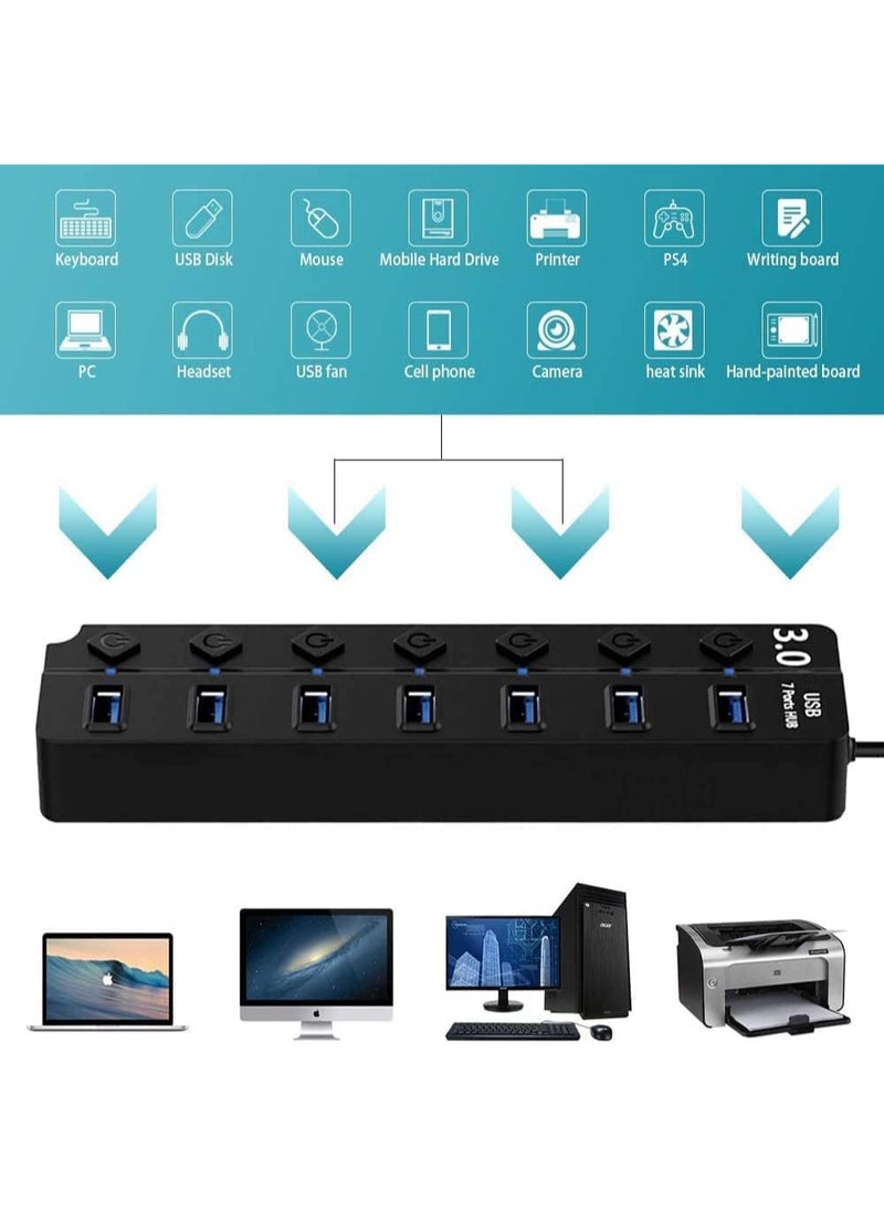 7-Port USB 3.0 Hub with Individual Power Switches and Lights, High-Speed Data Hub Splitter Portable USB Extension Hub for PC Laptop and More (No Power Adapter)